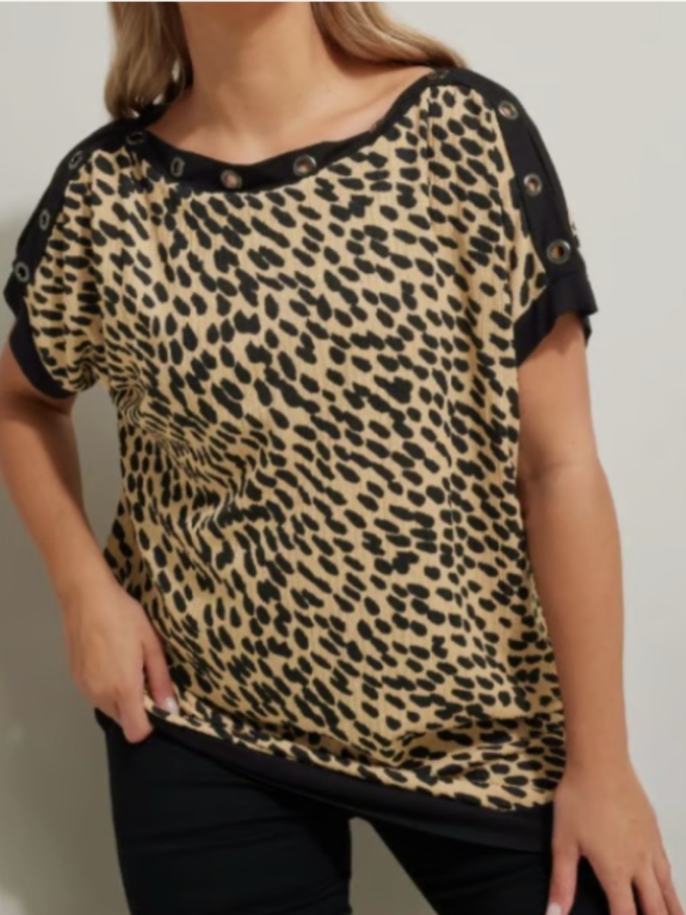 Yours clothing Leopard Print Grommet Shoulder Top - Black & Tan, size 16